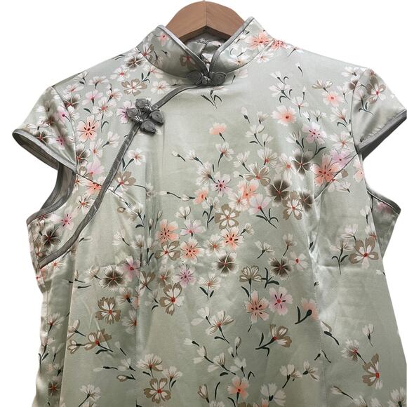 Vintage Sage Floral Cheongsam Dress | Stretch Silk Qipao, Size M (Tag XXX) - Picture 5 of 7
